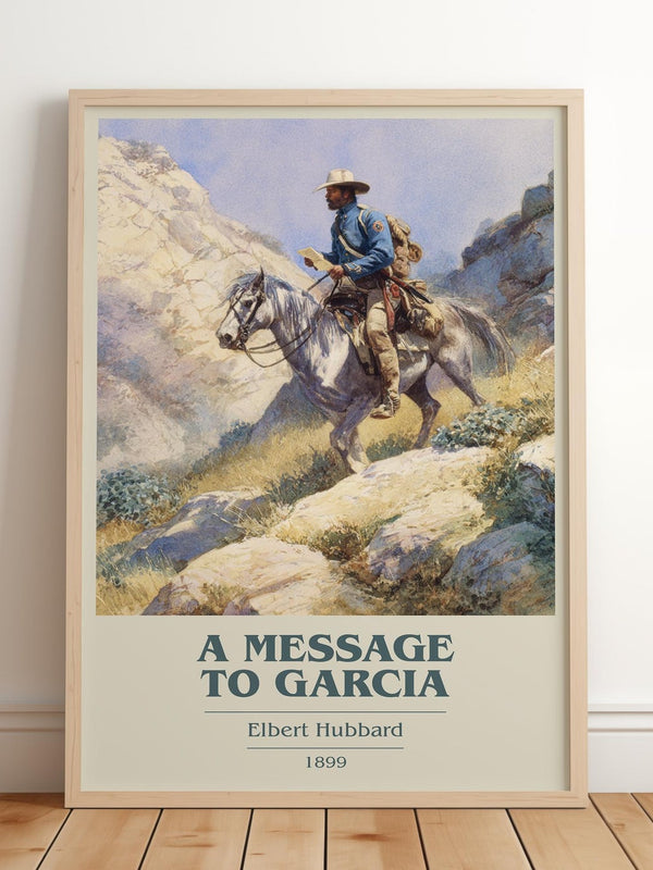 A Message to Garcia book cover print in frame leaning in hallway – non fiction wall art