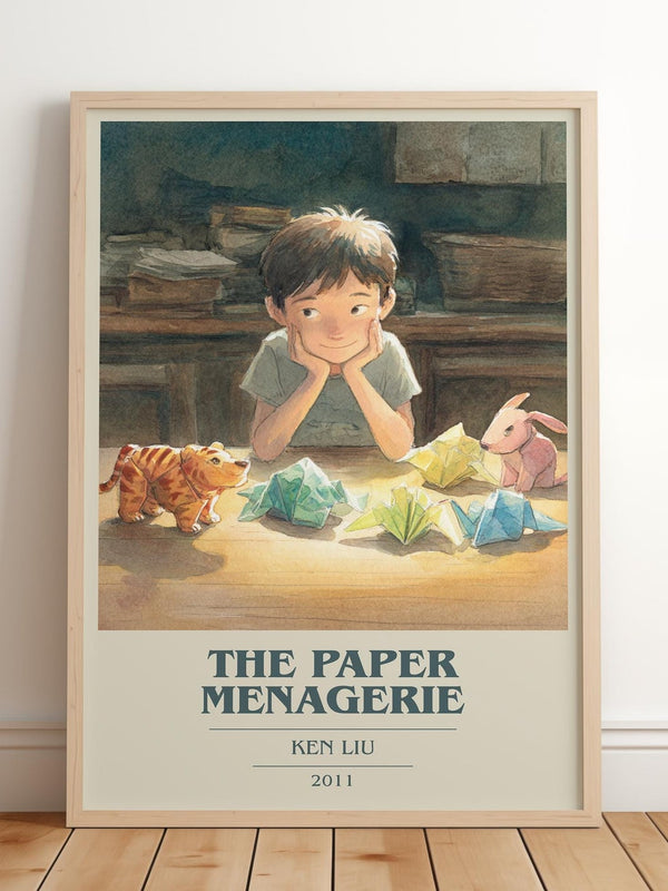 The Paper Menagerie book cover print in frame leaning in hallway – fantasy wall art
