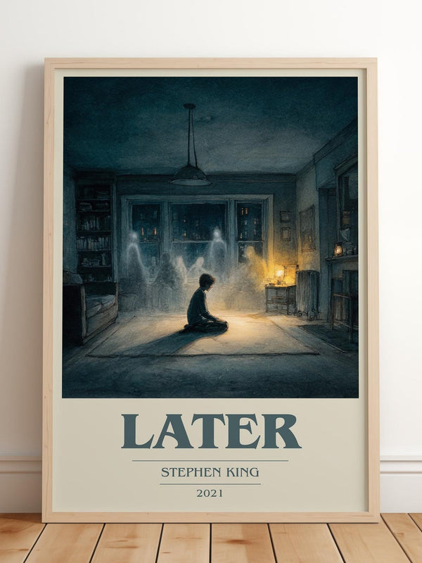 Later book cover print in frame leaning in hallway – horror wall art