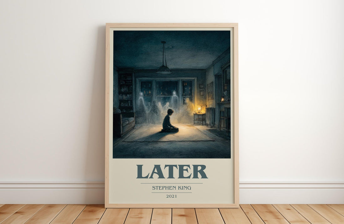 Later book cover print in frame leaning in hallway – horror wall art (mockup)