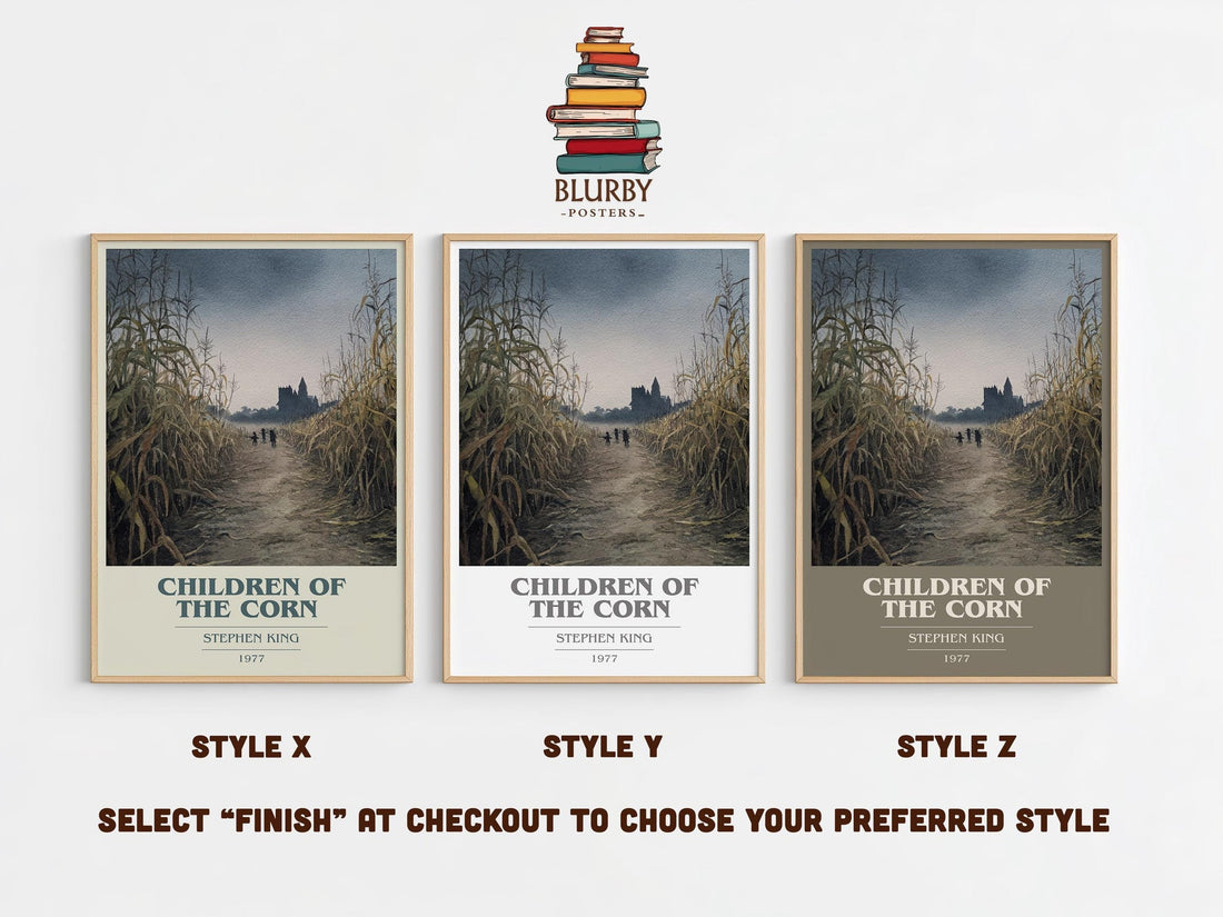 Children of the Corn book cover print in frame leaning in hallway – horror wall art (mockup)