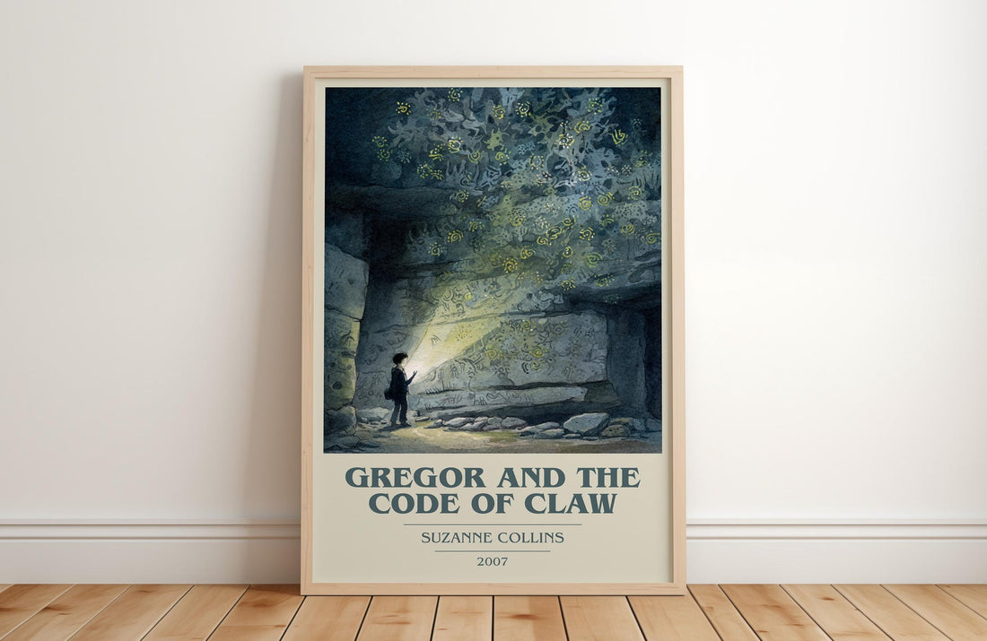 Gregor and the Code of Claw book cover print in frame leaning in hallway – fantasy wall art (mockup)
