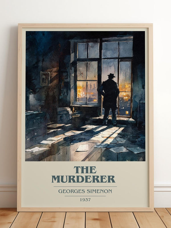 The Murderer book cover print in frame leaning in hallway – crime wall art