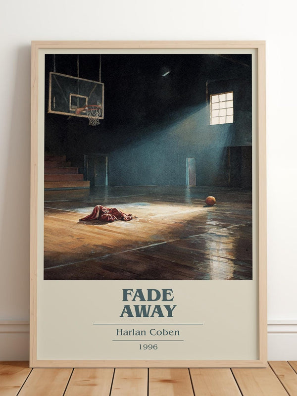 Fade Away book cover print in frame leaning in hallway – mystery wall art