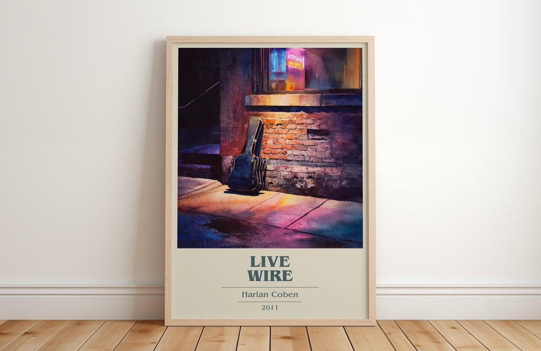 Live Wire book cover print in frame leaning in hallway – thriller wall art (mockup)