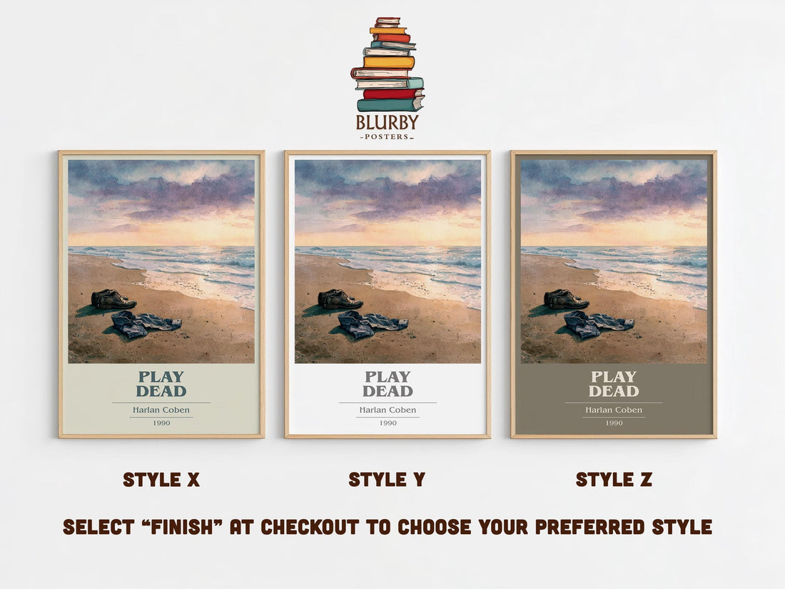 Play Dead book cover print in frame leaning in hallway – thriller wall art (mockup)
