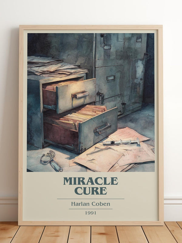 Miracle Cure book cover print in frame leaning in hallway – thriller wall art