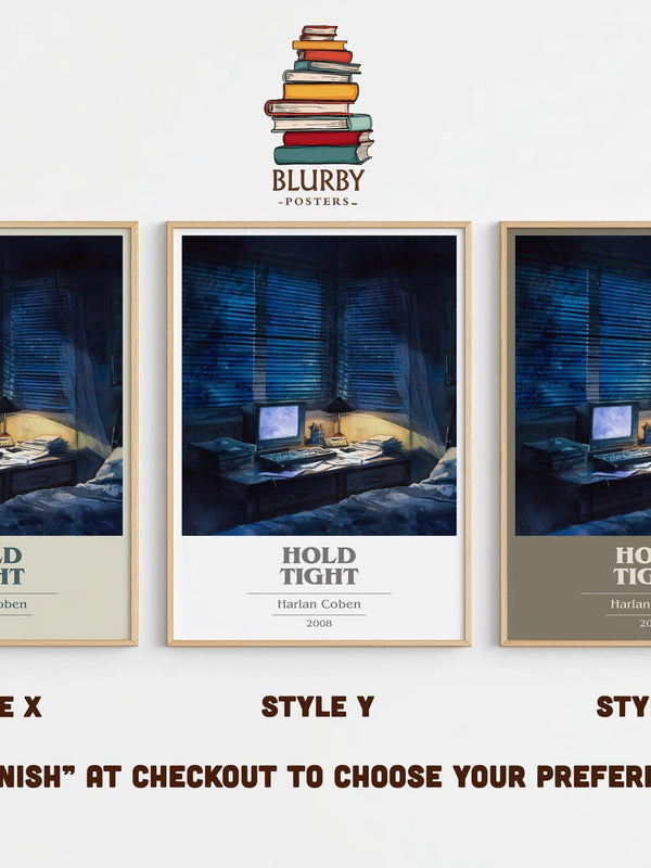 Hold Tight book cover print in frame leaning in hallway – thriller wall art