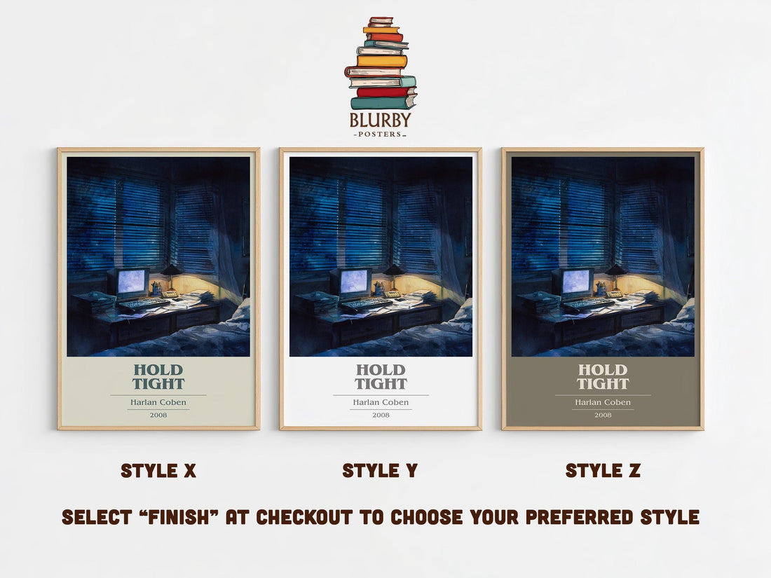 Hold Tight book cover print in frame leaning in hallway – thriller wall art (mockup)