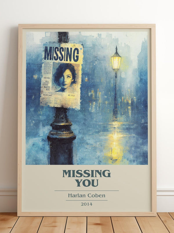 Missing You book cover print in frame leaning in hallway – thriller wall art