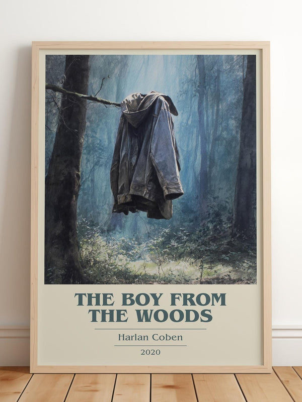 The Boy from the Woods book cover print in frame leaning in hallway – thriller wall art