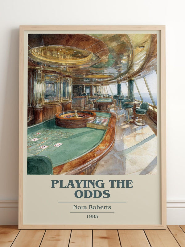 Playing the Odds book cover print in frame leaning in hallway – romance wall art