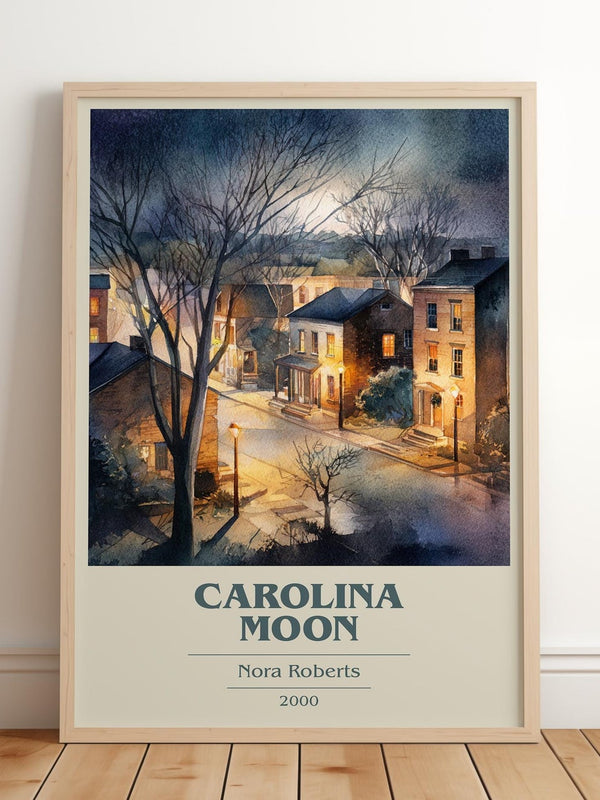 Carolina Moon book cover print in frame leaning in hallway – romance wall art