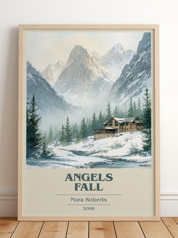 Angels Fall book cover print in frame leaning in hallway – romance wall art