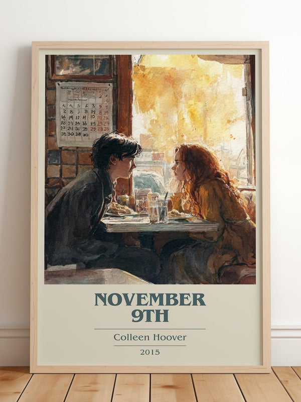 November 9 book cover print in frame leaning in hallway – romance wall art