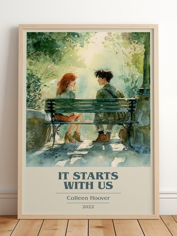 It Starts With Us book cover print in frame leaning in hallway – romance wall art