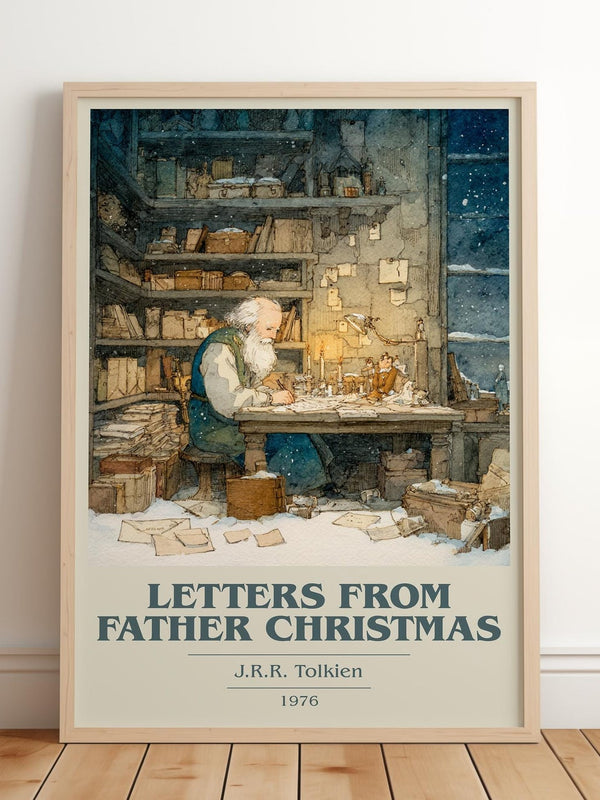 Letters from Father Christmas book cover print in frame leaning in hallway – childrens wall art