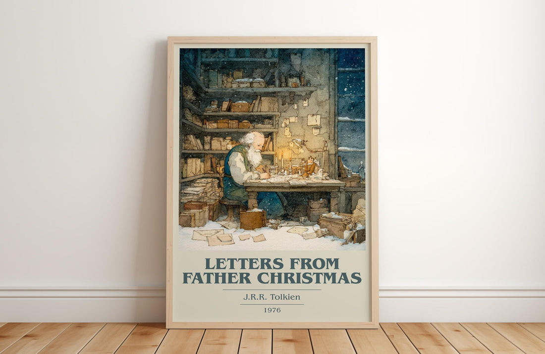Letters from Father Christmas book cover print in frame leaning in hallway – childrens wall art (mockup)