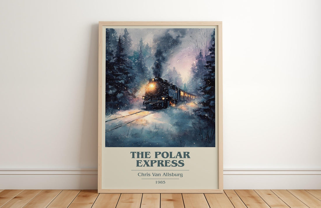 The Polar Express book cover print in frame leaning in hallway – childrens wall art (mockup)