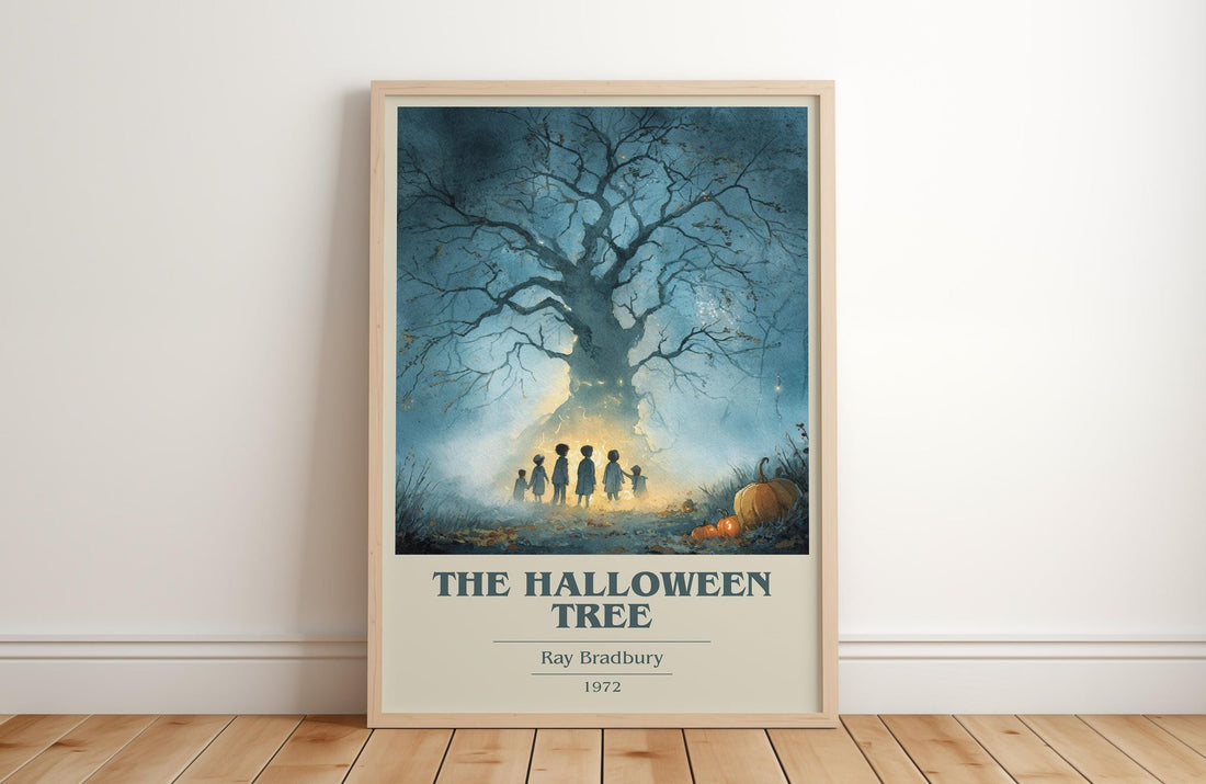 The Halloween Tree book cover print in frame leaning in hallway – childrens wall art (mockup)