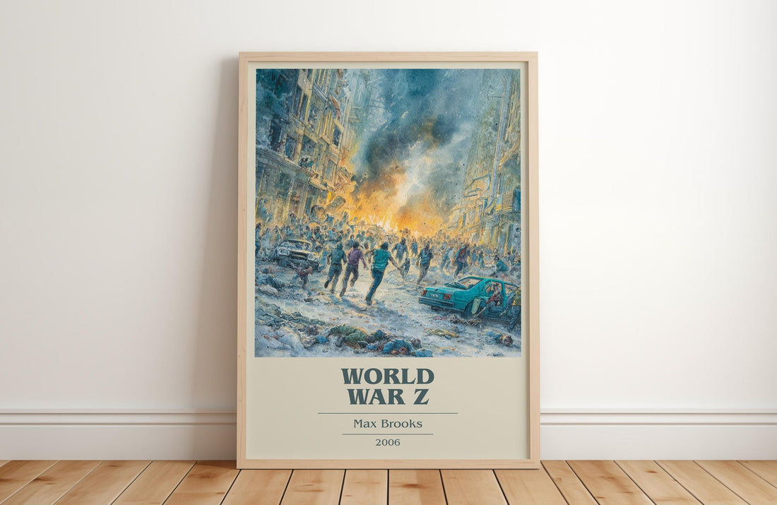 World War Z book cover print in frame leaning in hallway – horror wall art (mockup)