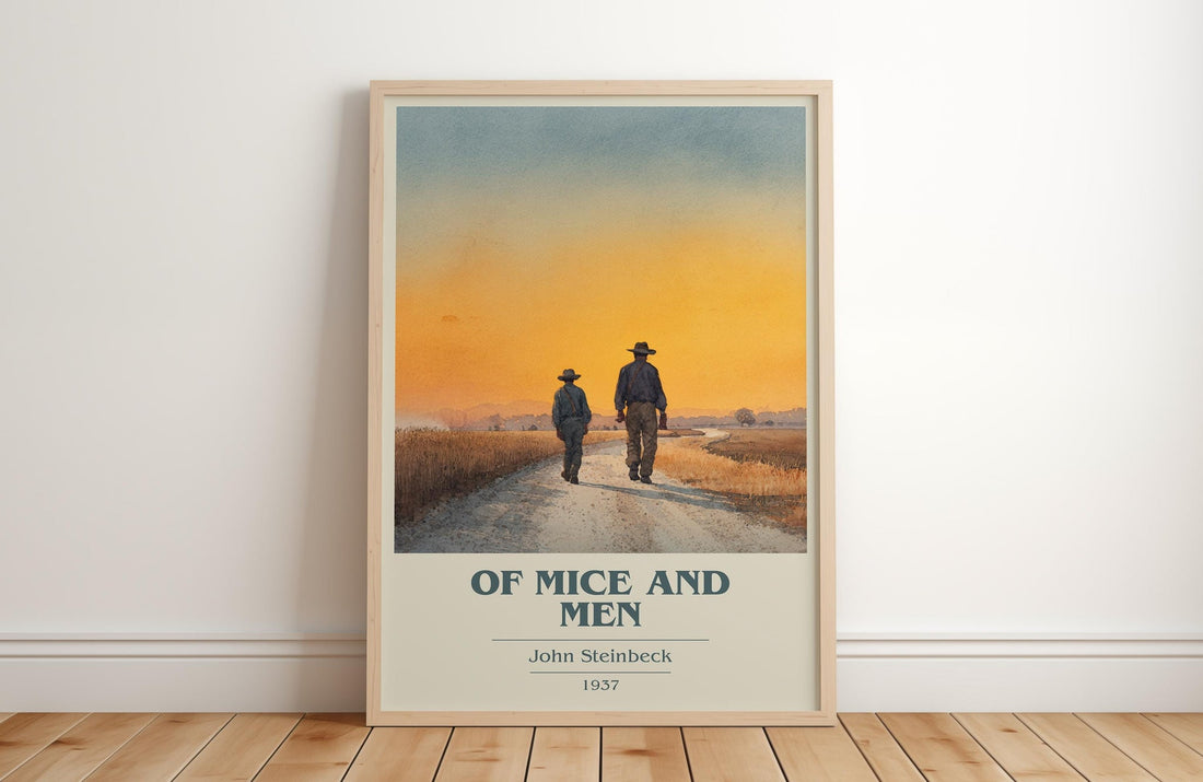 Of Mice and Men book cover print in frame leaning in hallway – historical fiction wall art (mockup)