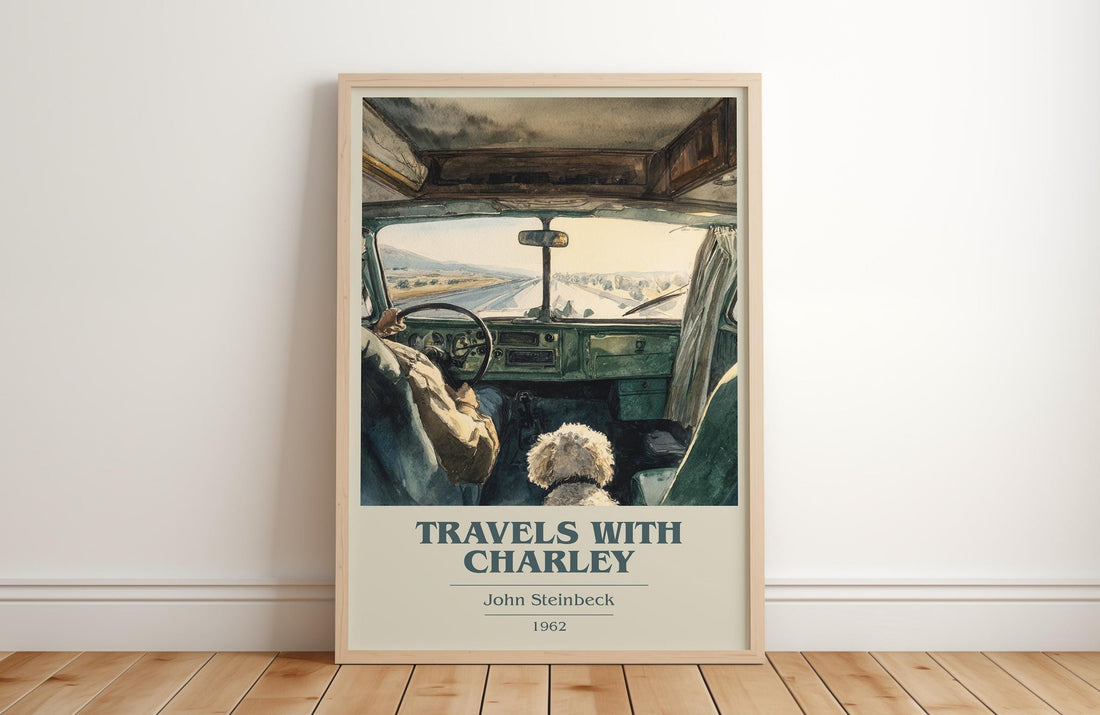 Travels with Charley book cover print in frame leaning in hallway – historical fiction wall art (mockup)