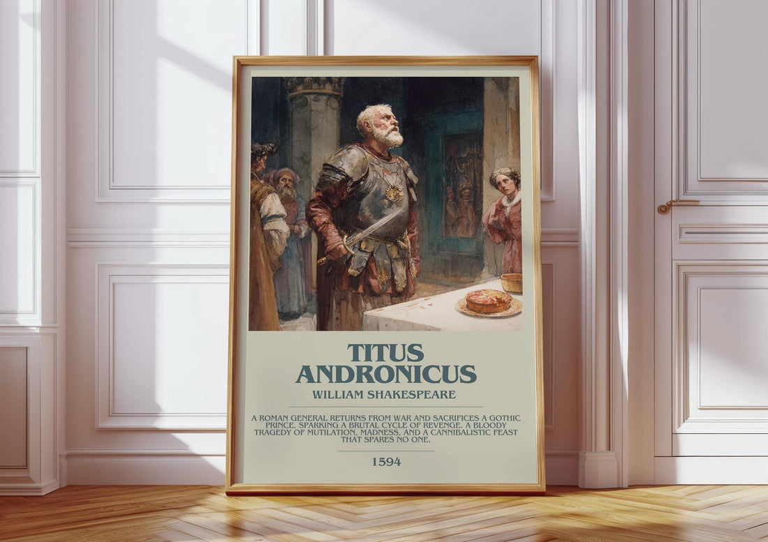 Titus Andronicus bookish print in frame leaning in hallway – classic literature wall art (mockup)