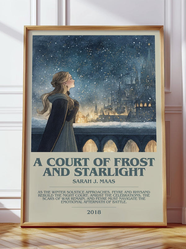 A Court of Frost and Starlight bookish print in frame leaning in hallway – fantasy wall art