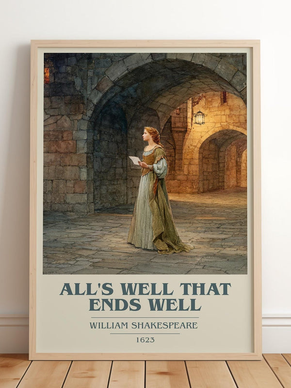 All's Well That Ends Well book cover print in frame leaning in hallway – adventure wall art