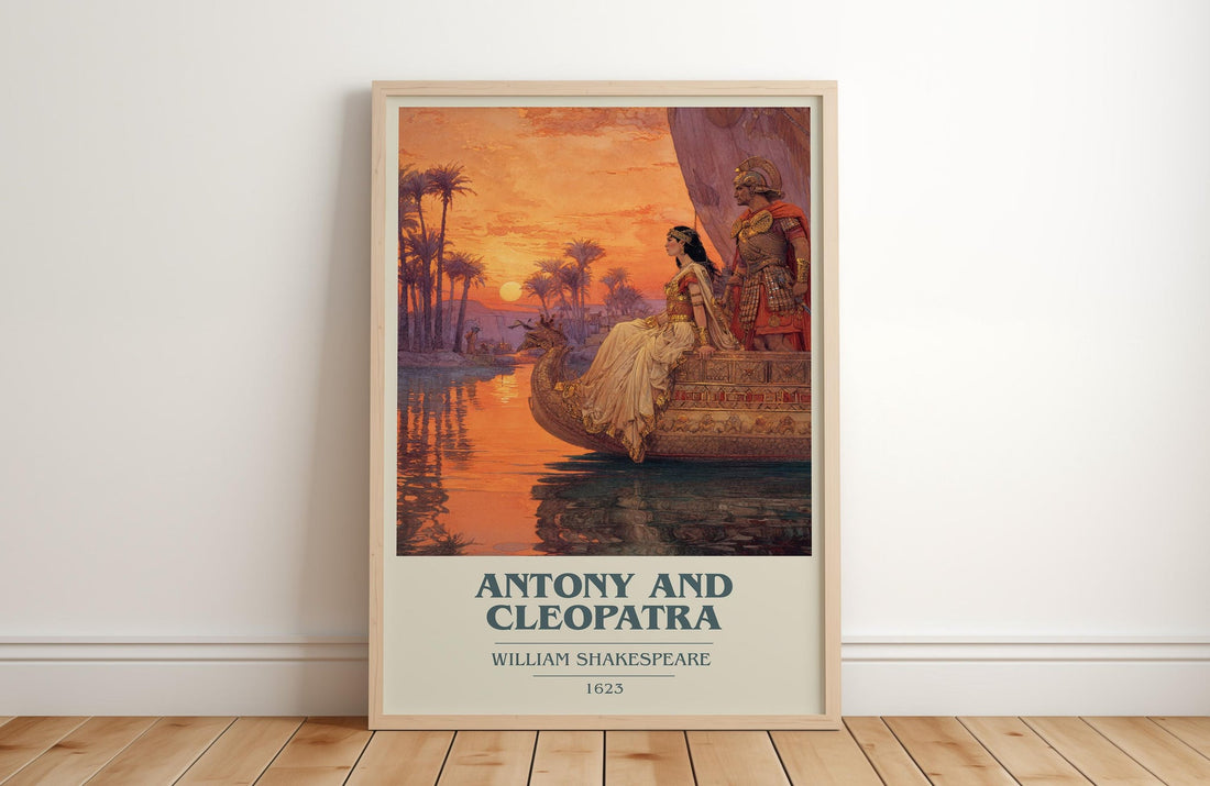 Antony and Cleopatra book cover print in frame leaning in hallway – classic literature wall art (mockup)