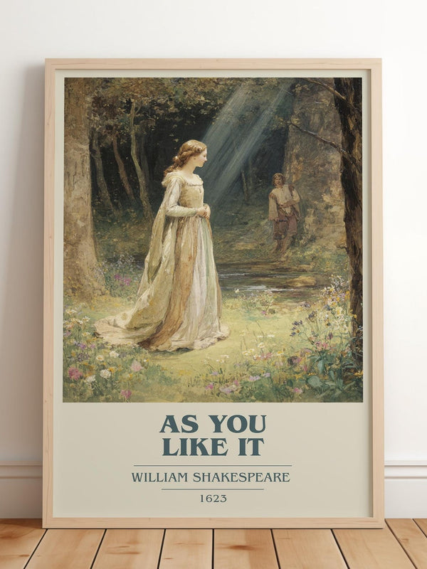 As You Like It book cover print in frame leaning in hallway – thriller wall art