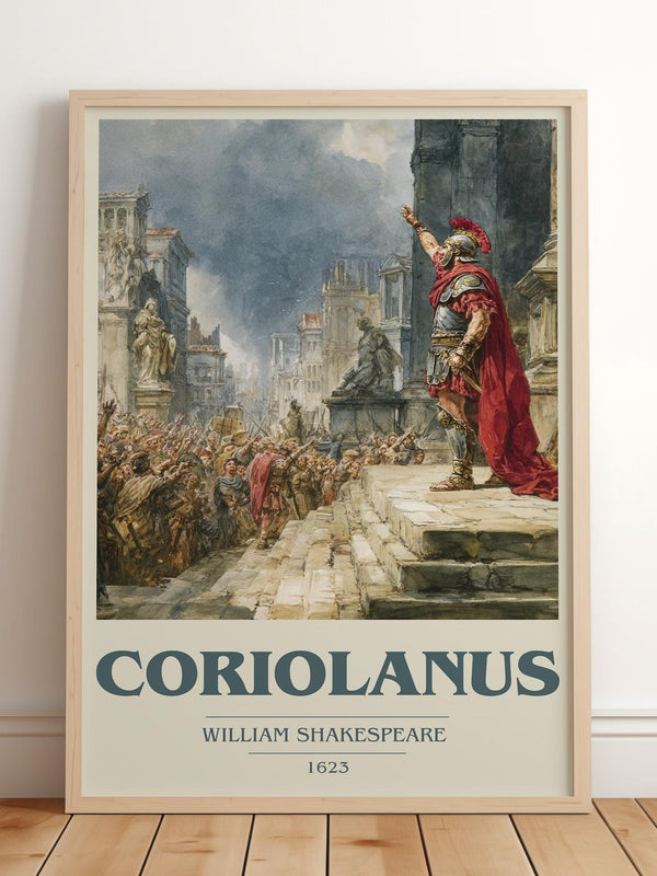 Coriolanus book cover print in frame leaning in hallway – classic literature wall art