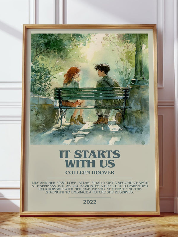 It Starts With Us bookish print in frame leaning in hallway – romance wall art