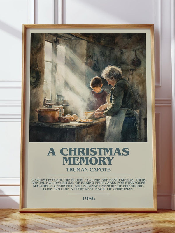 A Christmas Memory bookish print in frame leaning in hallway – literary fiction wall art