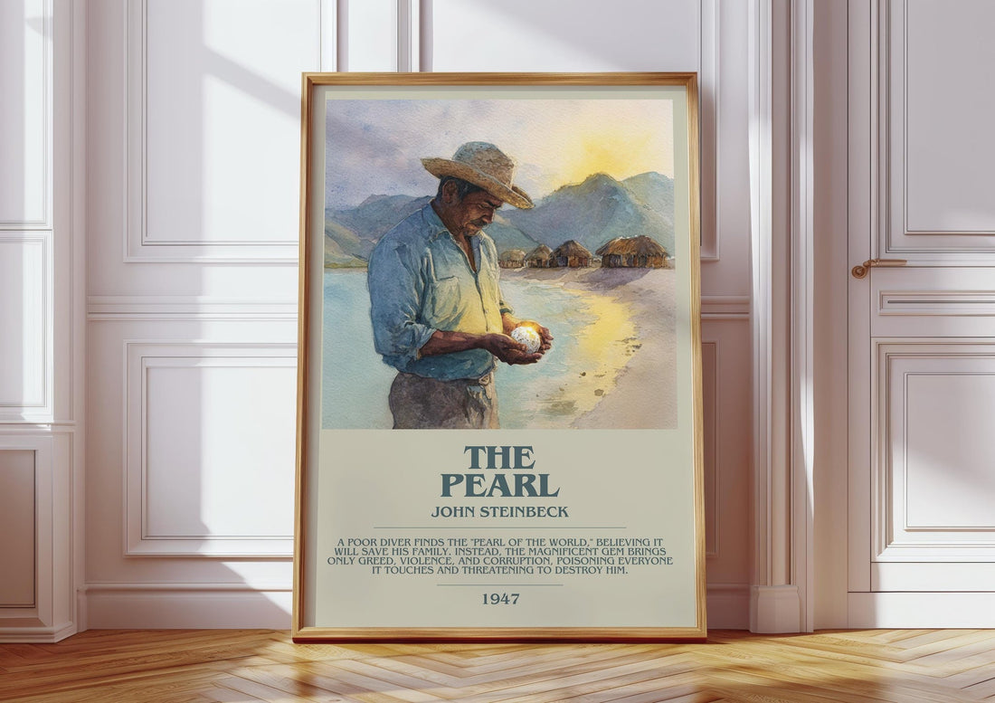 The Pearl bookish print in frame leaning in hallway – literary fiction wall art (mockup)