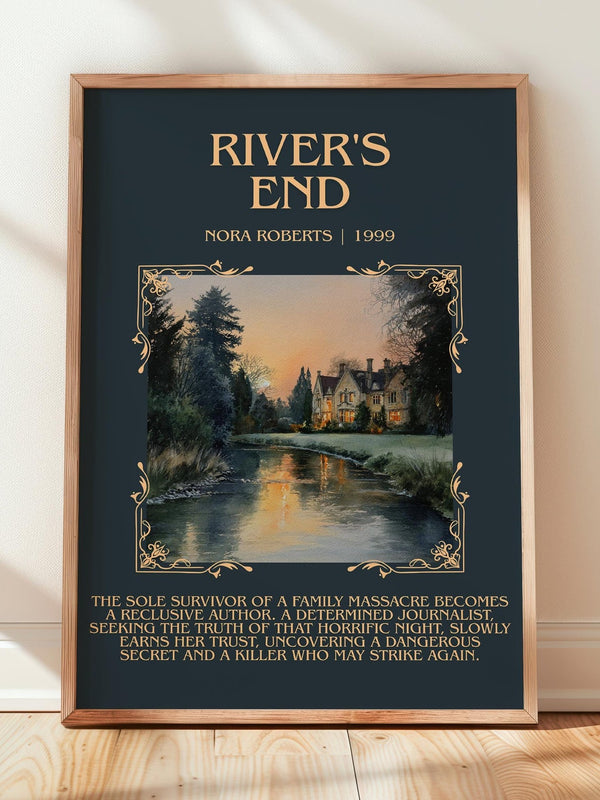 River's End minimalist print in frame leaning in hallway – thriller wall art