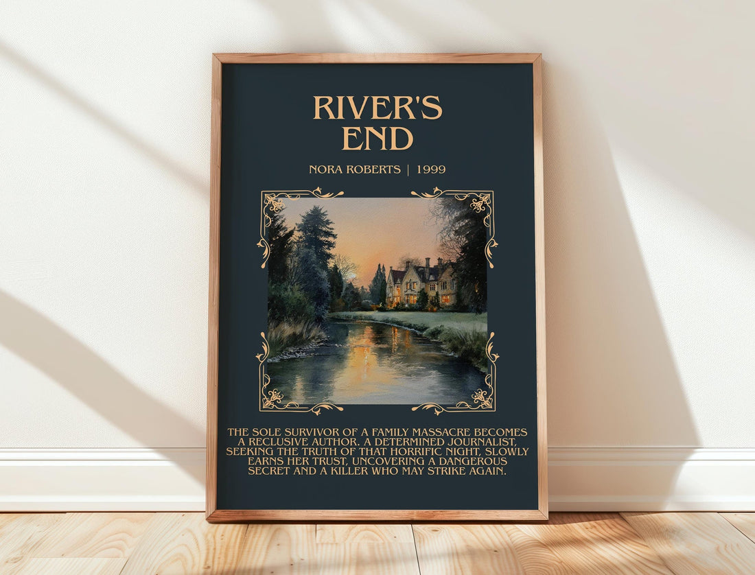 River's End minimalist print in frame leaning in hallway – thriller wall art (mockup)