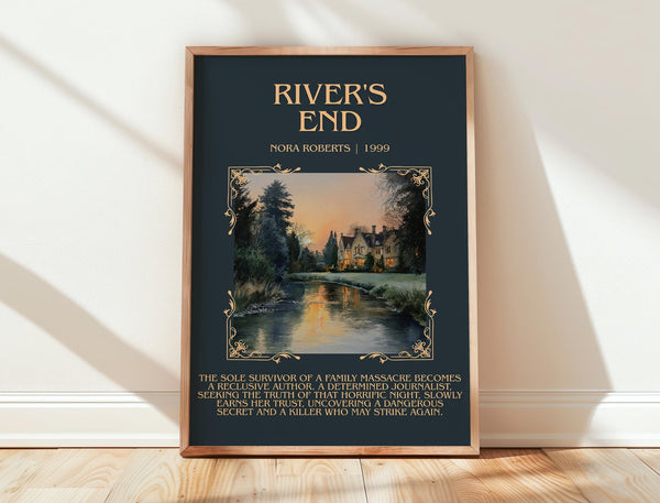 River's End minimalist print in frame leaning in hallway – thriller wall art