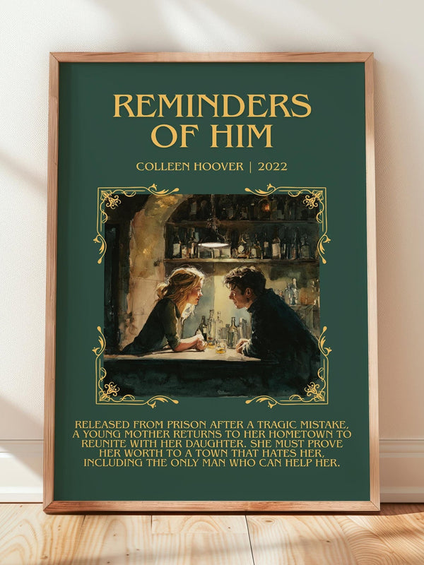 Reminders of Him minimalist print in frame leaning in hallway – romance wall art