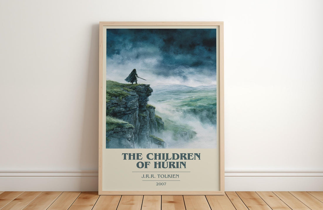 The Children of Húrin book cover print in frame leaning in hallway – fantasy wall art (mockup)