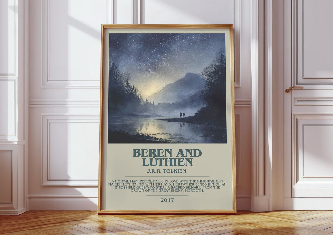 Beren and Lúthien bookish print in frame leaning in hallway – fantasy wall art (mockup)