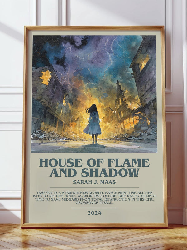 House Of Flame And Shadow bookish print in frame leaning in hallway – fantasy wall art