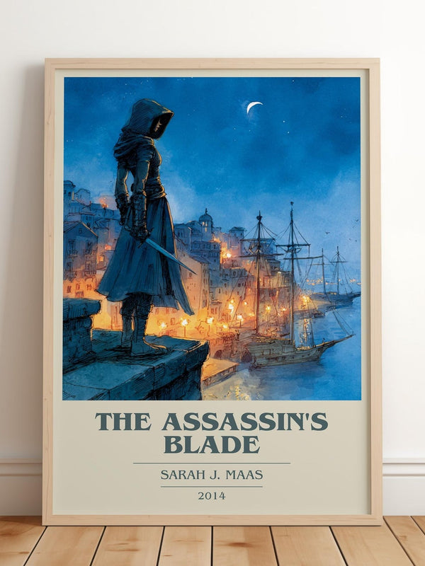 The Assassin's Blade book cover print in frame leaning in hallway – fantasy wall art