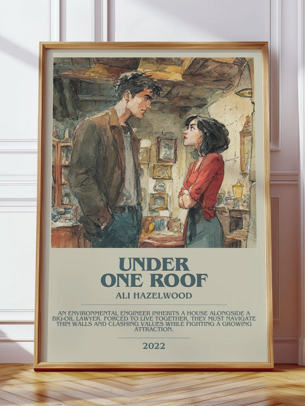 Under One Roof bookish print in frame leaning in hallway – romance wall art