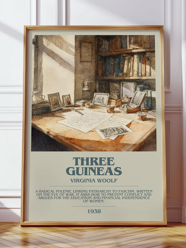Three Guineas bookish print in frame leaning in hallway – classic literature wall art