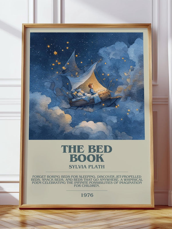 The Bed Book bookish print in frame leaning in hallway – memoir wall art