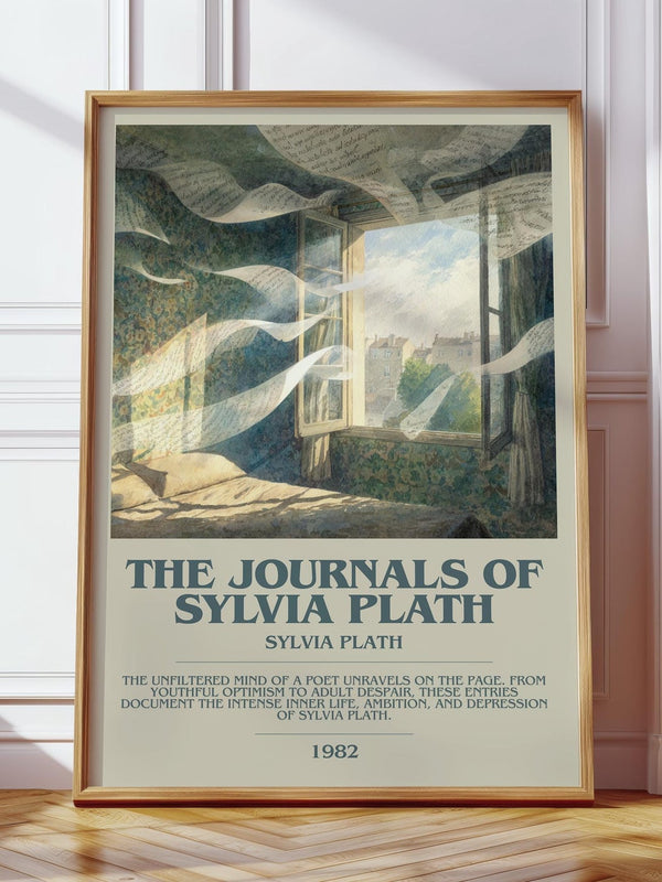 The Journals of Sylvia Plath bookish print in frame leaning in hallway – poetry wall art