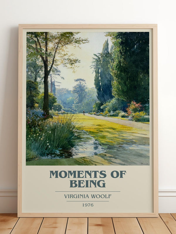 Moments of Being book cover print in frame leaning in hallway – non fiction wall art