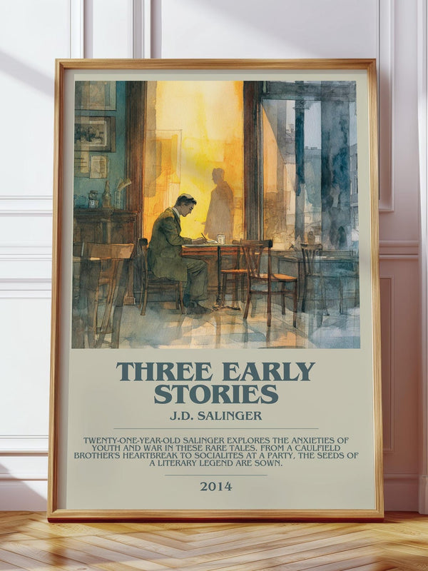 Three Early Stories bookish print in frame leaning in hallway – literary fiction wall art